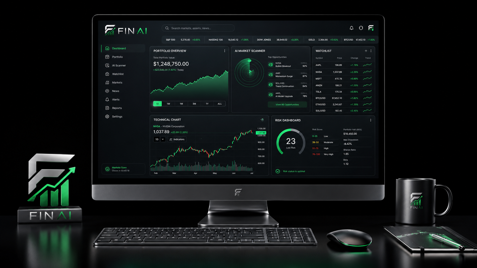 Premium FinAI desktop trading dashboard workstation with logo, market scanner, watchlist, and risk dashboard.