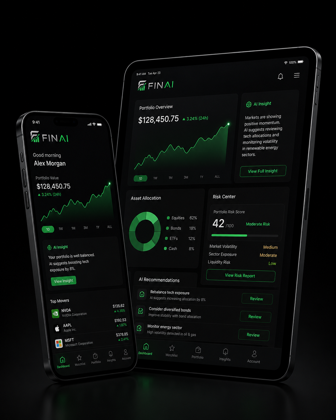 FinAI smartphone and tablet mockups showing AI insights, risk centre, and portfolio dashboard.