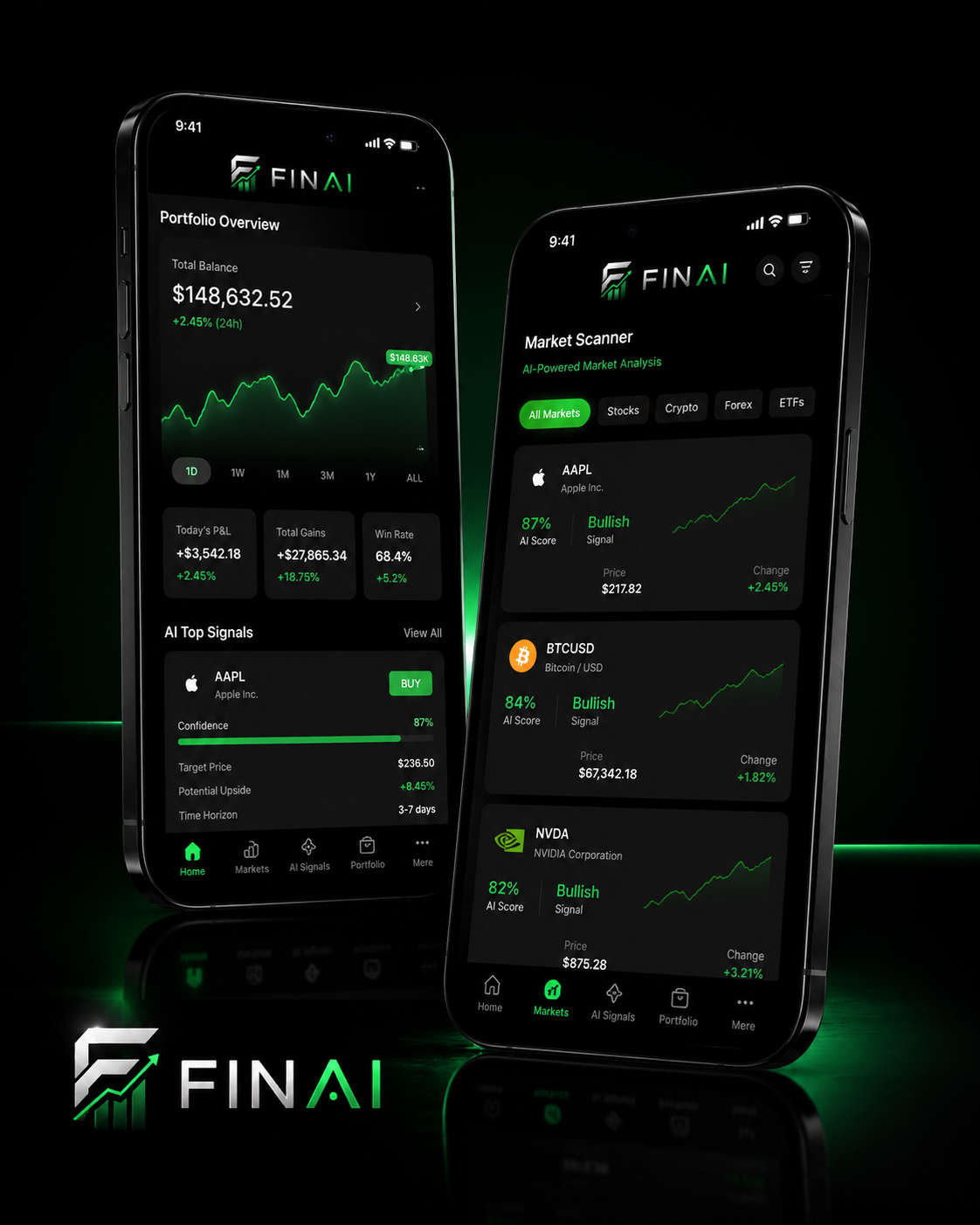 FinAI dual smartphone mockup showing portfolio overview and AI-powered market scanner.